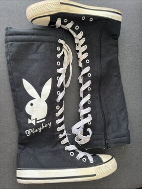 Y2K Playboy Converse Style Knee High Lace Up Boots Logo Graphic Sz 5.5 Punk